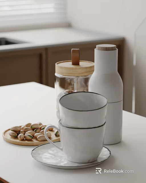 Decorative Ornament Set With White Cups Glass Jar And Wooden Lid On Kitchen Countertop 3d model 