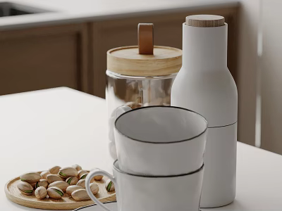 Decorative Ornament Set With White Cups Glass Jar And Wooden Lid On Kitchen Countertop 3d model