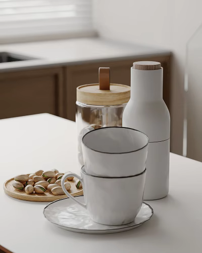 Decorative Ornament Set With White Cups Glass Jar And Wooden Lid On Kitchen Countertop 3d model
