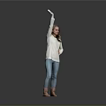 Woman Wearing White Top Blue Jeans Brown Boots Raising Right Hand Against Gray Background