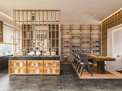Modern Retail Store Interior With Wooden Grid Partition Bookshelves And Display Counter 3d model