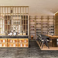 Modern Retail Store Interior With Wooden Grid Partition Bookshelves And Display Counter
