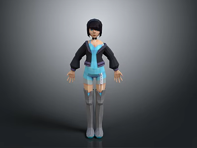 3D Anime Female Character Model With Black Hair Blue Outfit And Gray Boots 3d model