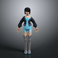 3D Anime Female Character Model With Black Hair Blue Outfit And Gray Boots