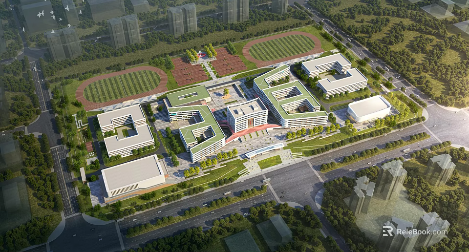 Aerial View of Modern School Campus Buildings with Sports Field and Lush Greenery 3d model 