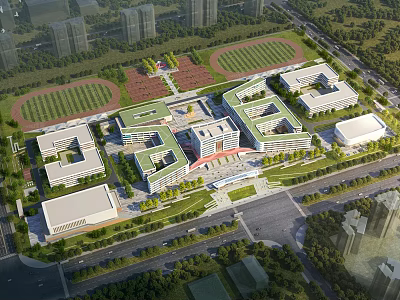 Aerial View of Modern School Campus Buildings with Sports Field and Lush Greenery 3d model