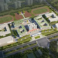 Aerial View of Modern School Campus Buildings with Sports Field and Lush Greenery