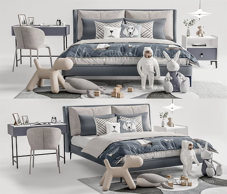 Cozy Kids Bed Interior With Soft Pillows Stuffed Animals And Building Blocks 3d model 