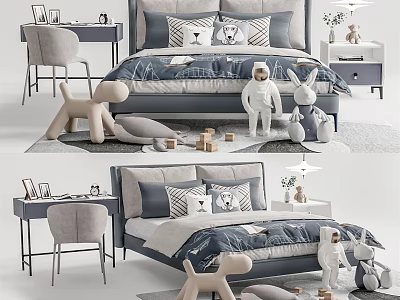 Cozy Kids Bed Interior With Soft Pillows Stuffed Animals And Building Blocks 3d model