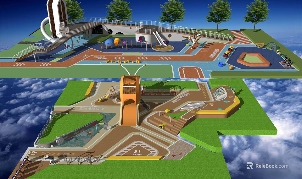 Modern Outdoor Children's Playground With Slides Climbing Structures Green Lawn And Trees 3d model 