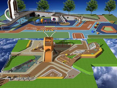 Modern Outdoor Children's Playground With Slides Climbing Structures Green Lawn And Trees 3d model