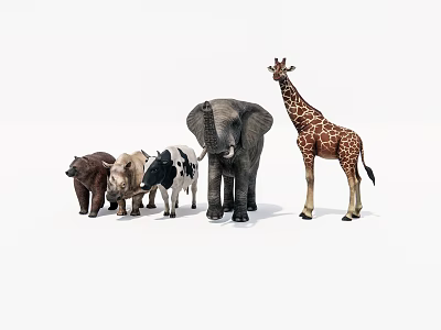 Collection of Wild and Farm Animals Including Elephant Giraffe Cow and Bear 3d model