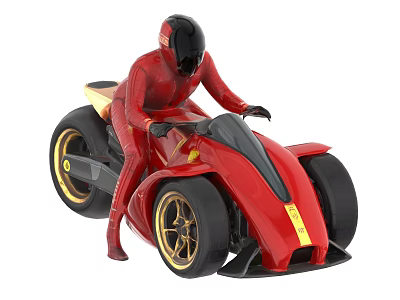 Red Futuristic Motorcycle With Rider In Red Racing Suit And Gold Wheels 3d model