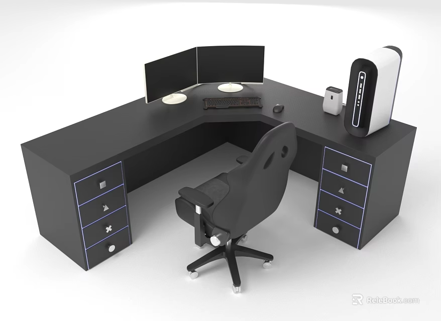 Black L Shaped Office Desk With Drawers Blue Accents Monitor And Office Chair 3d model 