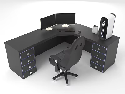 Black L Shaped Office Desk With Drawers Blue Accents Monitor And Office Chair 3d model