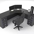 Black L Shaped Office Desk With Drawers Blue Accents Monitor And Office Chair