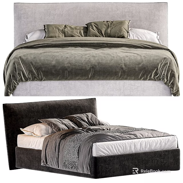 Double Bed With Gray Bedding Pillows And Upholstered Headboard Design 3d model 