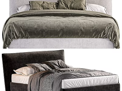 Double Bed With Gray Bedding Pillows And Upholstered Headboard Design 3d model