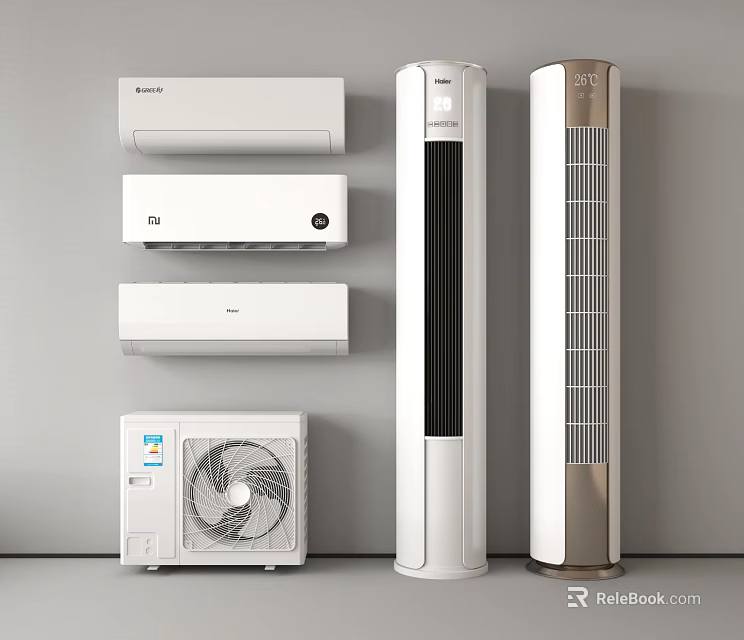 Various Types Of Air Conditioner Fan Including Wall Mounted Floor Standing And Outdoor Units 3d model 