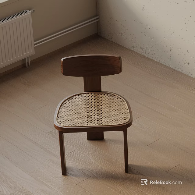 Minimalist Modern Dining Chair With Walnut Backrest And Rattan Seat On Wooden Floor 3d model 