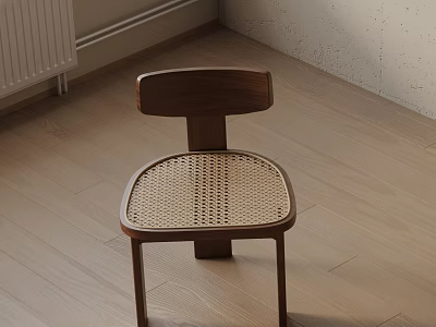 Minimalist Modern Dining Chair With Walnut Backrest And Rattan Seat On Wooden Floor 3d model