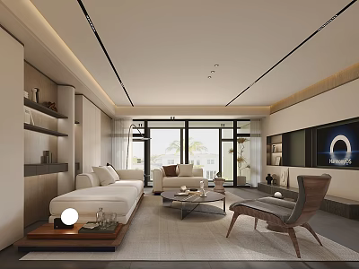 Modern Living Room Interior Featuring Linear Ceiling Lights Floor To Ceiling Windows Sofa Coffee Table 3d model