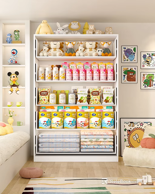 Kids Room Chest of Drawers with Stuffed Toys Bottles Boxes Folded Towels and Cartoon Decorations 3d model 