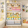 Kids Room Chest of Drawers with Stuffed Toys Bottles Boxes Folded Towels and Cartoon Decorations