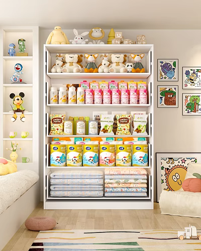 Kids Room Chest of Drawers with Stuffed Toys Bottles Boxes Folded Towels and Cartoon Decorations 3d model