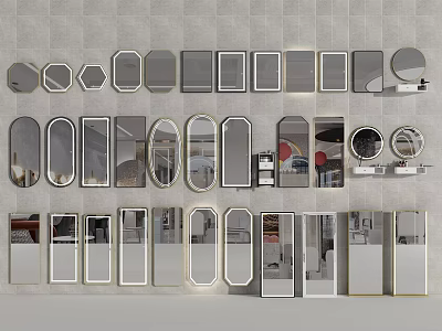 Assorted Decorative Mirrors in Different Shapes and Styles on Wall 3d model