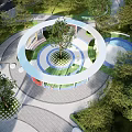 Urban Park Landscape With Circular Designs Green Lawns Lush Trees And Curved Pathways