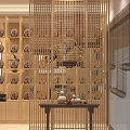 Traditional Chinese Tea House Interior With Wooden Decor Display Shelves And Calligraphy Art