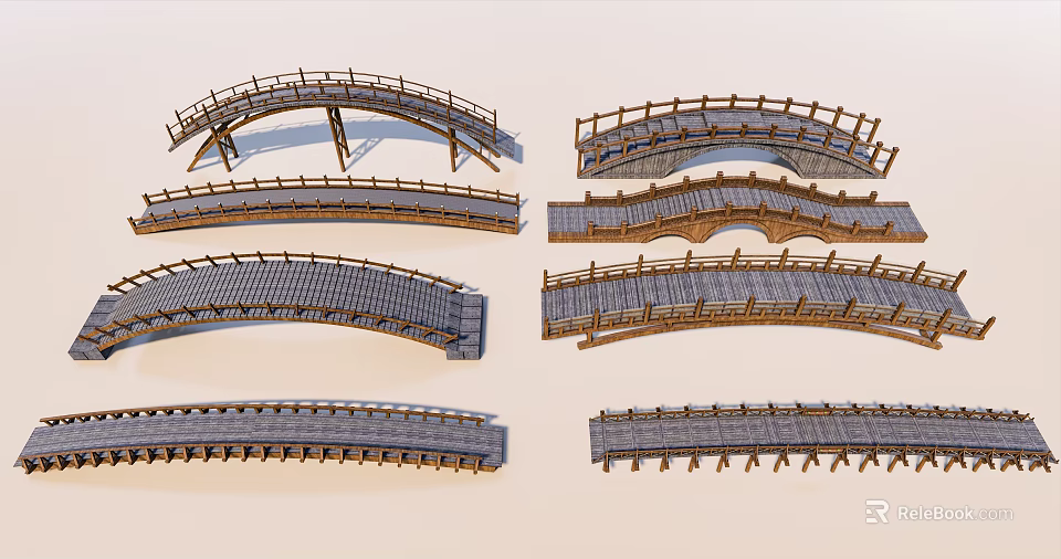 Traditional Wooden Bridges With Arched Structures And Various Railing Designs 3d model 