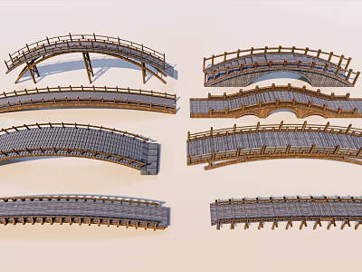 Traditional Wooden Bridges With Arched Structures And Various Railing Designs 3d model