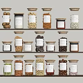 Organized Kitchen Shelves With Glass Jars Filled With Nuts Pasta Beans And Grains