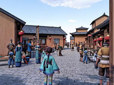 Chinese Style Ancient Dress Theme Commercial Street Song Dynasty Ancient Characters National Tide Ancient Style Film and Television Card-in Commercial Street 3d model