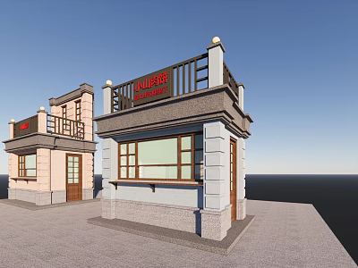 Commercial Street Featuring Red Signage Buildings With Balconies Windows And Stone Exterior 3d model