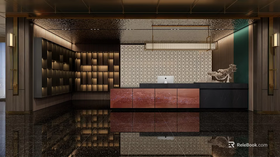 Elegant Clubhouse Reception Featuring Marble Desk Patterned Wall Ceiling Lights Sculpture And Reflective Floor 3d model 
