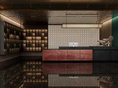 Elegant Clubhouse Reception Featuring Marble Desk Patterned Wall Ceiling Lights Sculpture And Reflective Floor 3d model