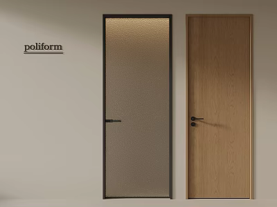Modern Swing Doors With Frosted Glass Black Frame And Light Wood Tone Metal Handle Design 3d model