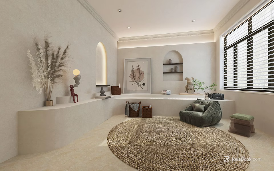Modern Living Room With Round Woven Rug Green Armchair Arched Decor And Artwork Plants 3d model 