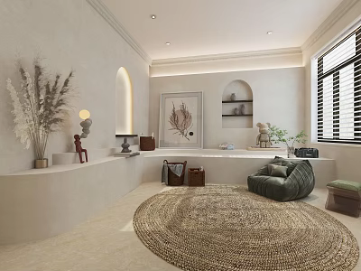 Modern Living Room With Round Woven Rug Green Armchair Arched Decor And Artwork Plants 3d model