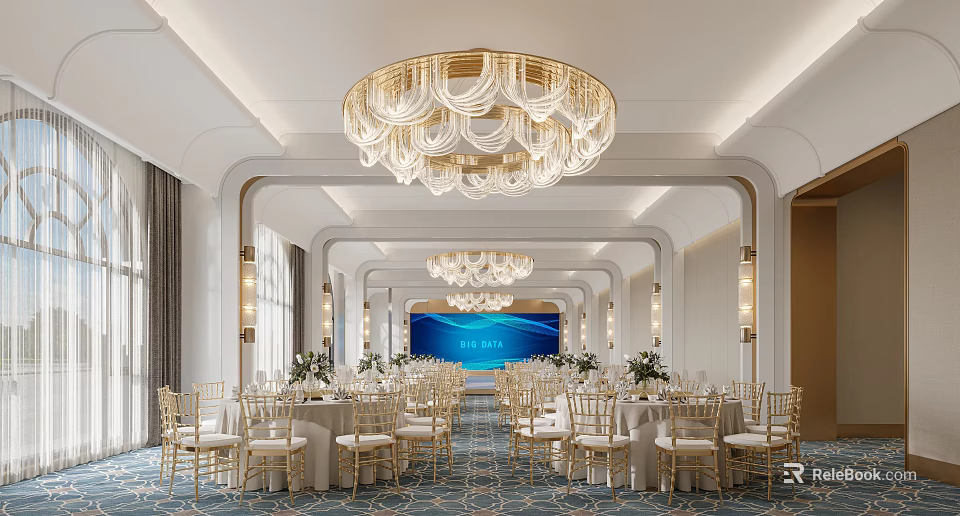 Luxurious Banquet Hall With Crystal Chandeliers White Tablecloths Golden Chairs And Elegant Decor 3d model 
