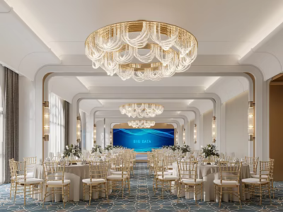 Luxurious Banquet Hall With Crystal Chandeliers White Tablecloths Golden Chairs And Elegant Decor 3d model