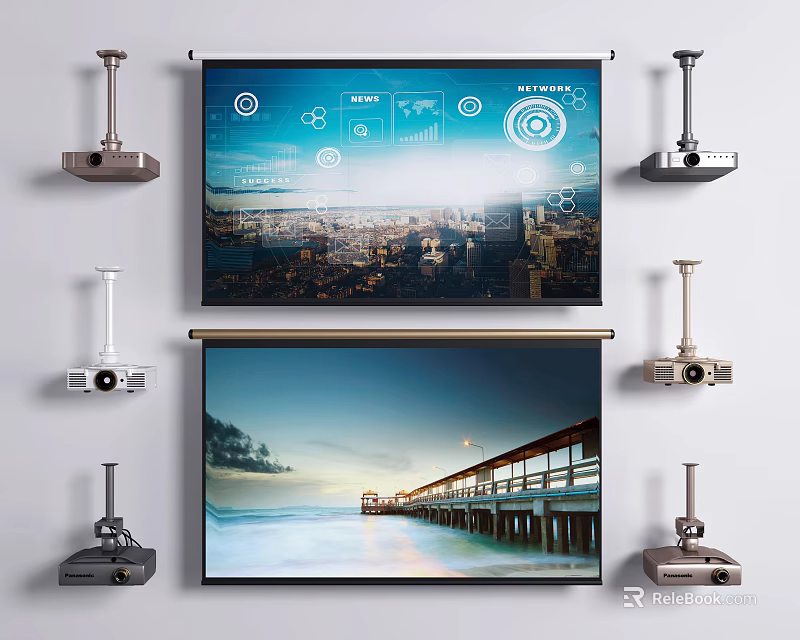 Advanced Projection Monitoring Setup With Screens Projectors Cityscape Pier Views And Data Interface 3d model 