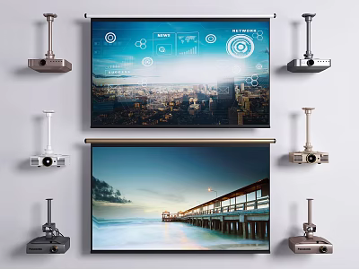 Advanced Projection Monitoring Setup With Screens Projectors Cityscape Pier Views And Data Interface 3d model