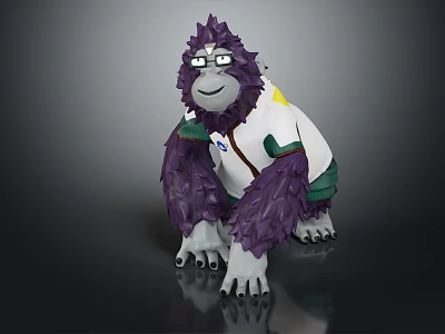 Anthropomorphic Gorilla Character With Purple Fur Wearing Glasses And White Coat With Yellow Green Accents 3d model