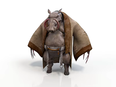 Mythical Pig Like Fantasy Creature Wearing Brown Cloak With Leather Belt And Tassels 3d model