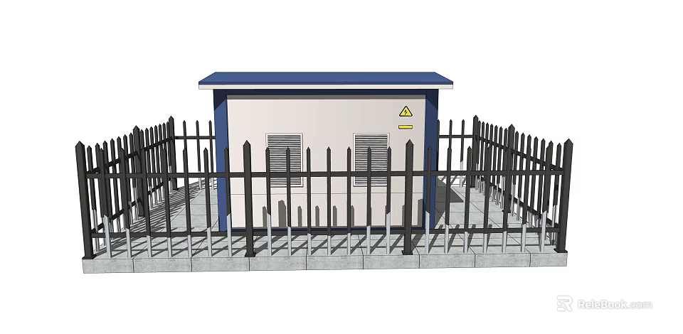 Small Building With Blue Roof White Walls Black Fence And Yellow Warning Sign 3d model 