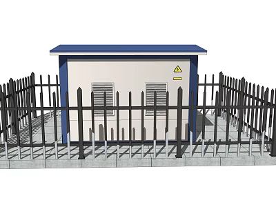 Small Building With Blue Roof White Walls Black Fence And Yellow Warning Sign 3d model
